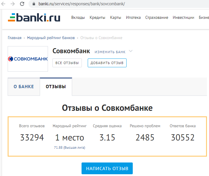 Отзыв на портале Банки.ру